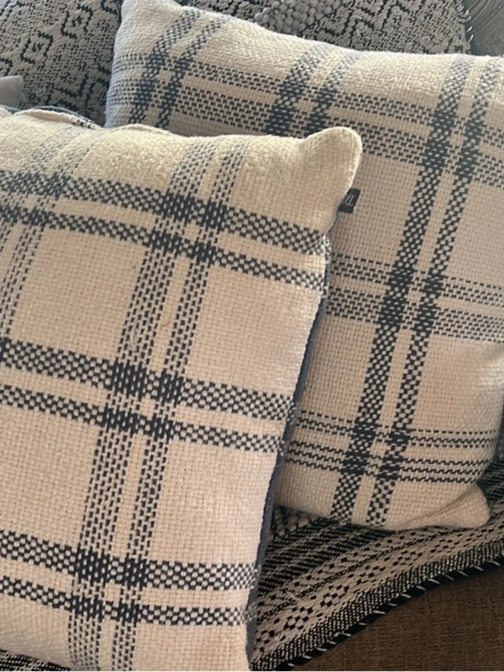 Set of two Cream and Blue Plaid Accent Pillow - Classic Cozy Throw